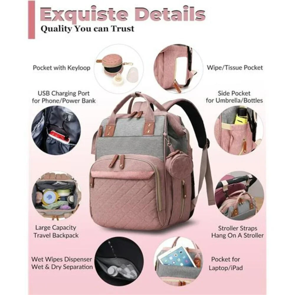 Pink Grey Diaper Bag Backpack with Changing Station Waterproof Baby Travel Bag